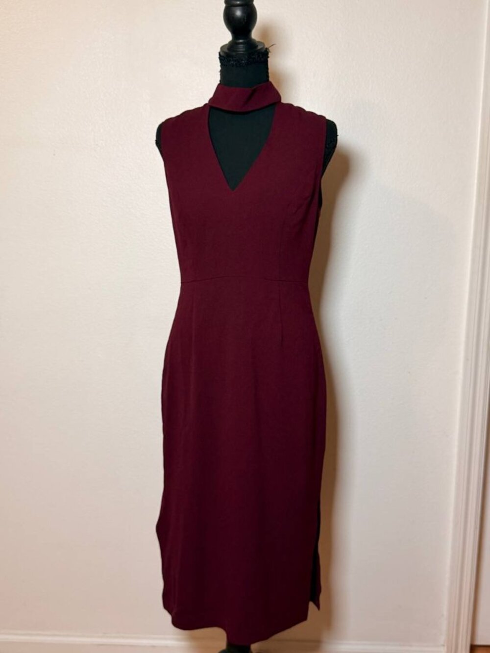 BCB Generation Burgundy Wine Choker Neck Midi Sheath Dress V Cutout Side Slit Of